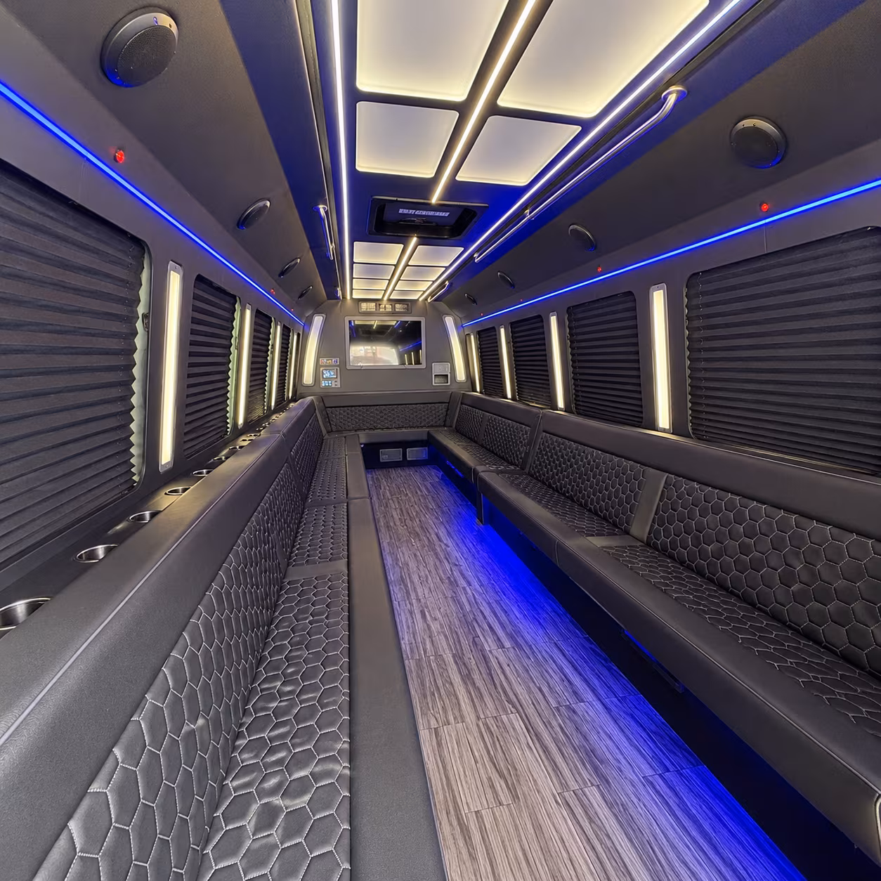 orange 30 passenger party bus interior