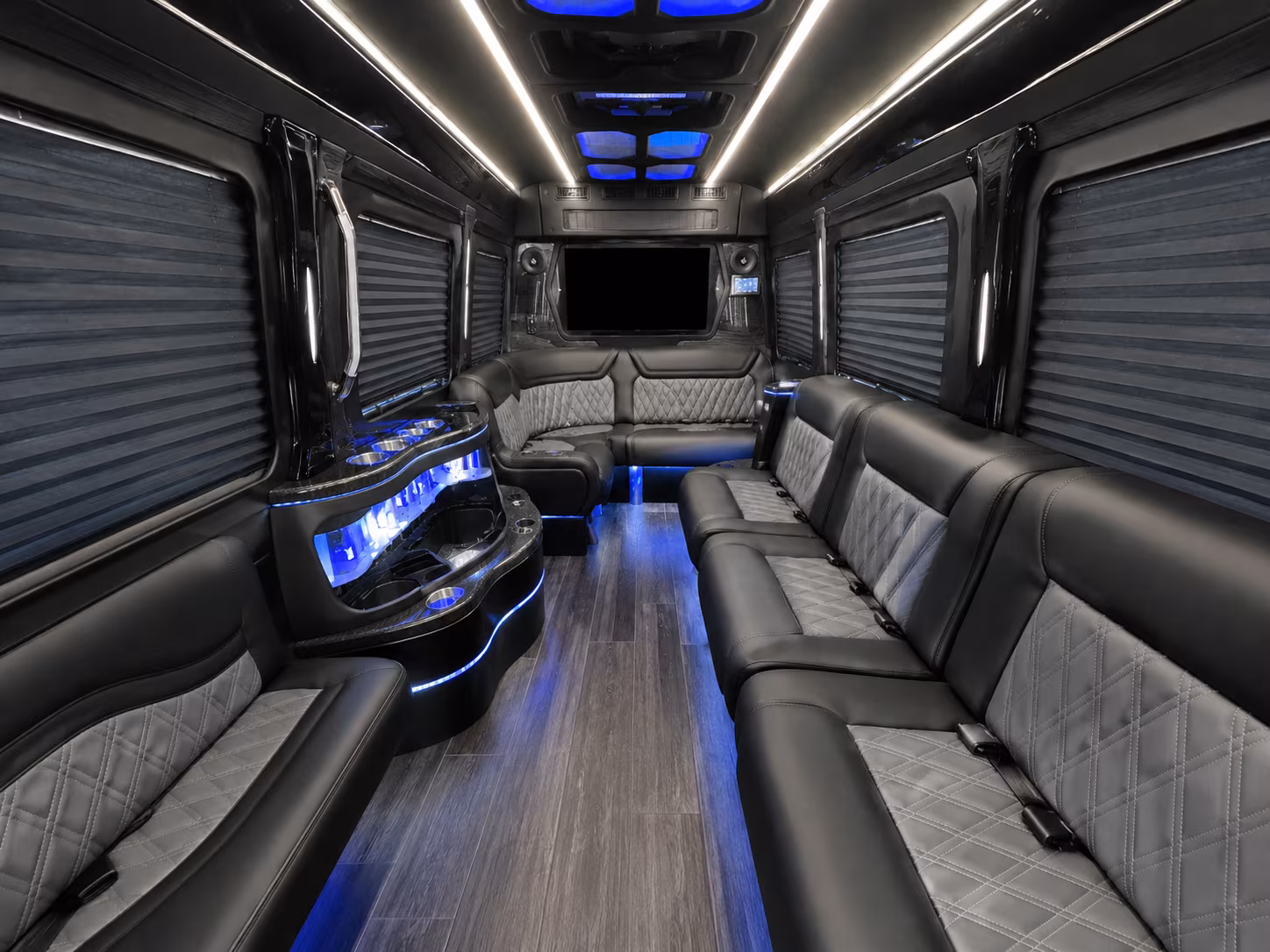 orange 40 passenger party bus inside