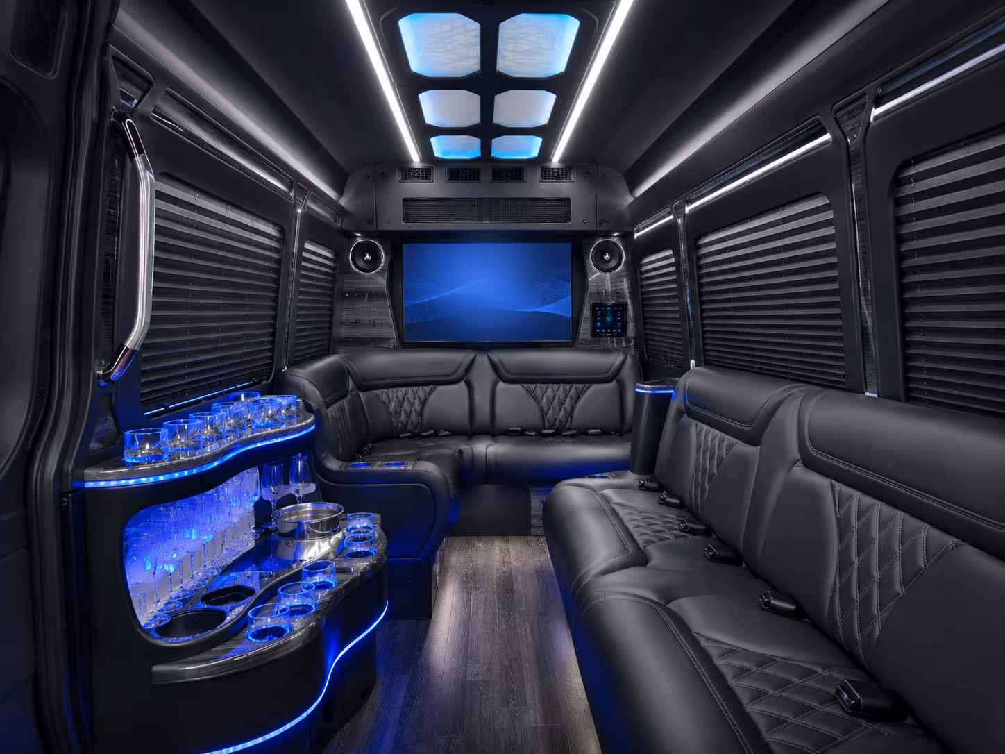 orange 50 passenger party bus inside